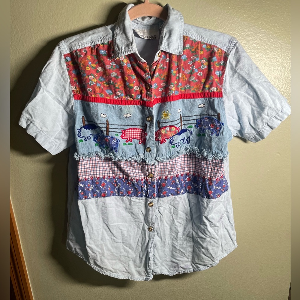 Womens Vintage Denim Shirt Blouse Pigs Farm Embroidered M 90s mom patchwork